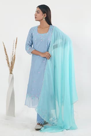 Mangalmay By Aastha Chanderi Silk Floral Applique Embroidered Kurta Pant Set 