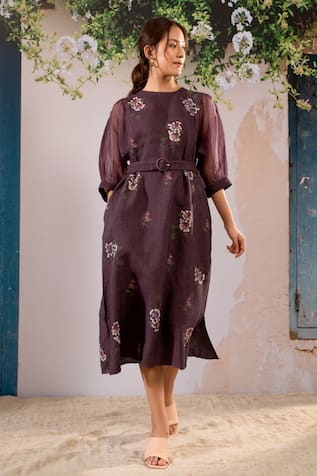 Linen Floral Print Midi Dress With Belt 