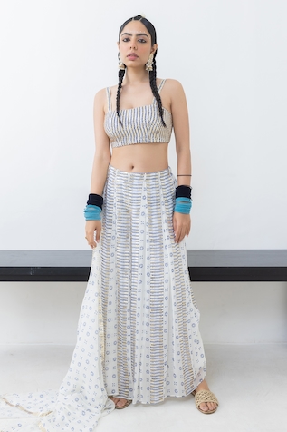 Pooja Rajgarhia Gupta Shwet Block Print Draped Trouser Bustier Set