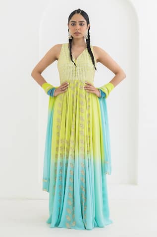 Pooja Rajgarhia Gupta Champa Leaf Patterns Ombre Anarkali With Dupatta 