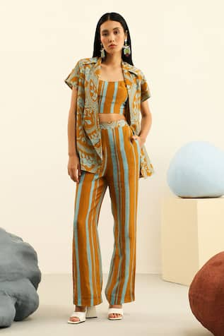 Label Deepika Nagpal Sydney Printed Handloom Linen Blazer Pant Set 