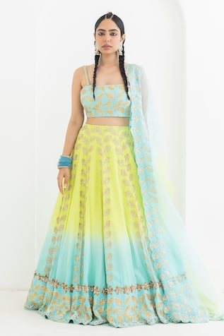 Pooja Rajgarhia Gupta Champa Leaf Embroidered Ombre Lehenga Set 