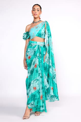 Isha Gupta Tayal Floral Print Draped Top & Skirt Set 