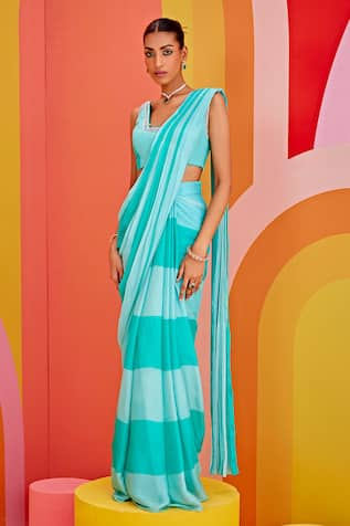 Isha Gupta Tayal Striped Print Pre-Draped Saree With Blouse 