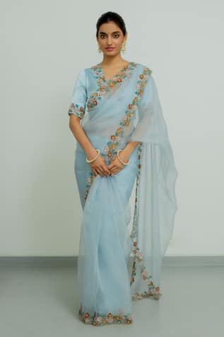 Peeli Dori Lotus Border Embroidered Saree With Blouse 