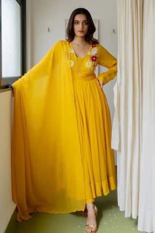 Peeli Dori Genda Yoke Embroidered Anarkali Pant Set 