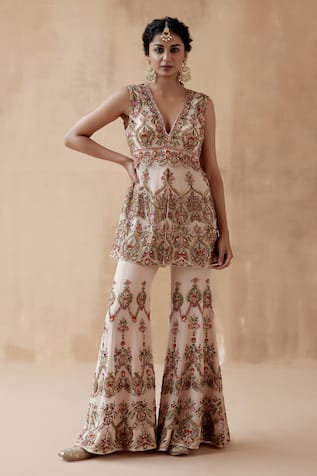 Aman Takyar Thread Embroidered Peplum Kurta & Sharara Set 