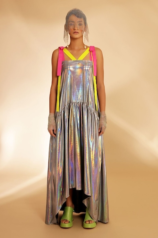 POOJA SHROFF High-Low Holographic Dress