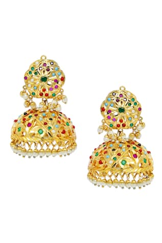 Queens Jewels Navratan Embellished Jhumka Earrings 