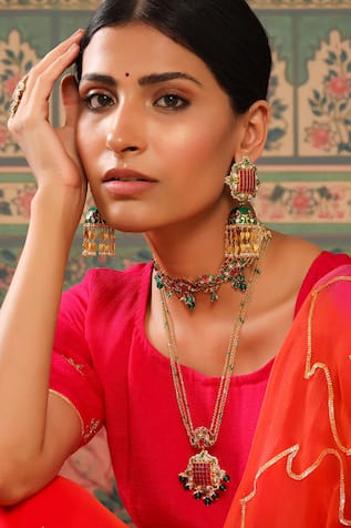 Meher Floral Stone Studded Drop Necklace 