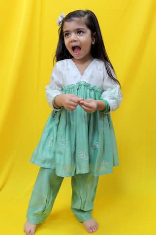 Pankhuri By Priyanka Chanderi Polka Dot Print Yoke Kurta With Pant 