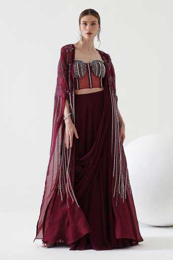 Mehak Talreja Couturre Koyal Flora Embroidered Draped Skirt & Cape Set 