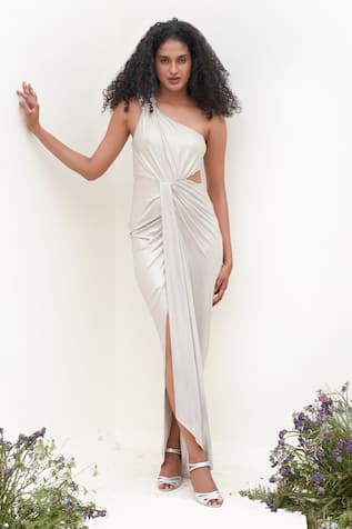 Women's Embroidered Mesh Fit & Flare A-Line Dress in Silver | Ophelia