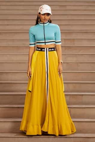 AK-OK Contrast Pattern Crop Top With Skirt 