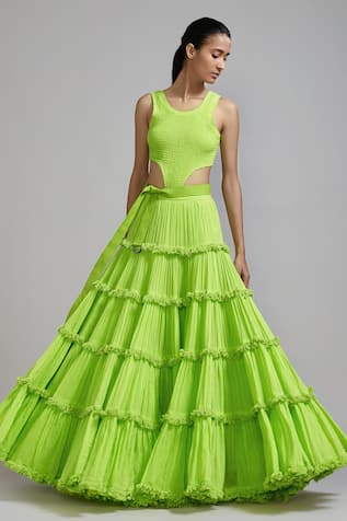 MATI Smocked Bodysuit & Fringed Lehenga Set 