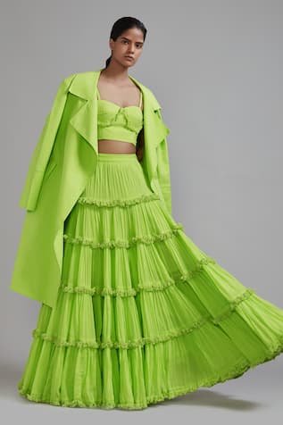 MATI Neon Green Fringed Lehenga Set With Jacket 