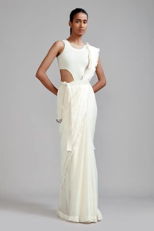 MATI Frill Border Saree With Cotton Smocked Bodysuit 