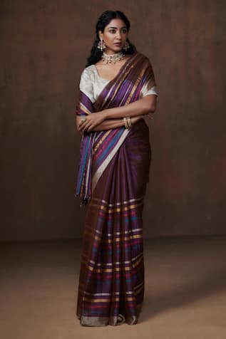 Dressfolk Purple Handwoven Stripe Tissue Saree with Running Blouse 