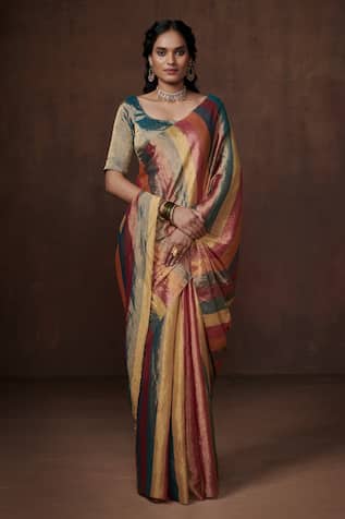 Dressfolk Multicolored Handwoven Zari Striped Saree with Running Blouse 