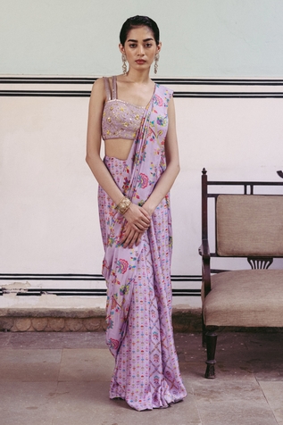 Drishti & Zahabia Printed Pre-Draped Saree With Blouse