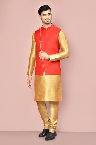 Red Cotton Bundi & Beige Kurta Set 
