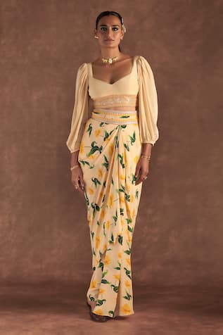 Masaba Poppy Petal Print Draped Skirt Set 