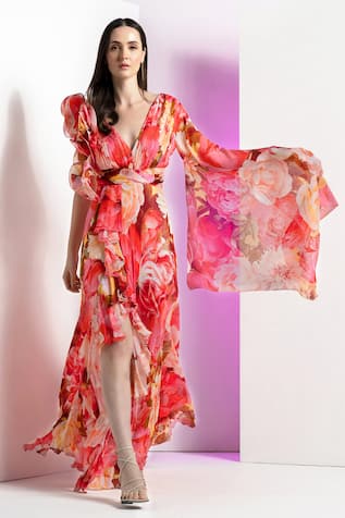 Mandira Wirk Peony Corsage Print High Slit Dress 