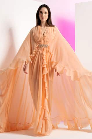 Mandira Wirk Pleated Draped Cape Sleeve Dress 