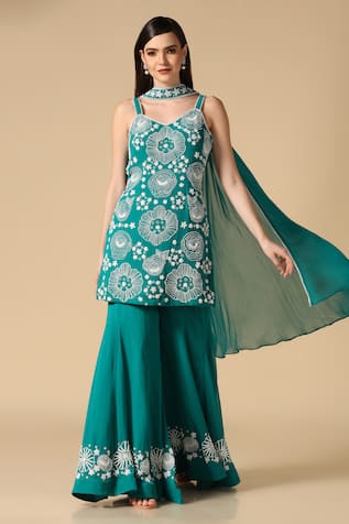 Floral Pearl Embroidered Kurta Sharara Set 