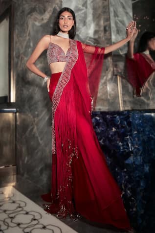 Rohit Gandhi + Rahul Khanna Galena Fringe Draped Lehenga Set 