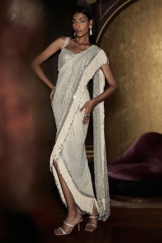 Rohit Gandhi + Rahul Khanna Held Fringe Pre-Draped Saree With Embroidered Blouse 