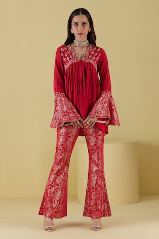 Inej Embroidered Yoke Gathered Tunic With Bell Bottom Pant 