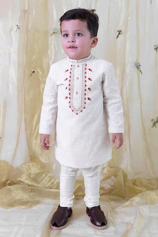 Cream Chequered Kurta Set With Churidar 