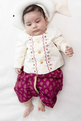 Tiber Taber Cream Bandhgala & Motif Print Dhoti Pant Set 