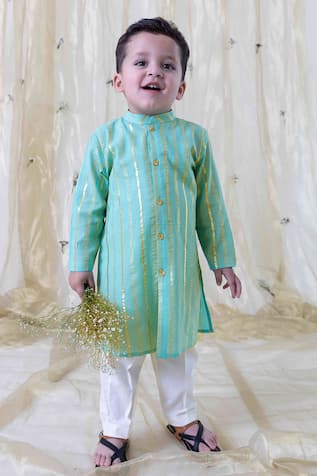 Tiber Taber Green Stripe Pattern Kurta Set 