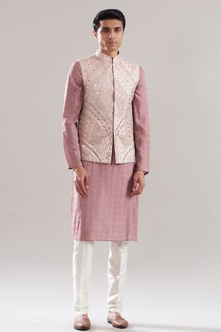 Mirror Embroidered Pink Bundi & Kurta Set 