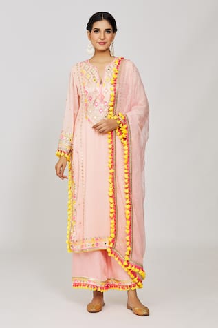 Gopi Vaid Pink Geometric Embroidered Kurta Palazzo Set 