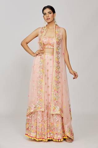 Gopi Vaid Pink Mirror Work Cape Pant Set 