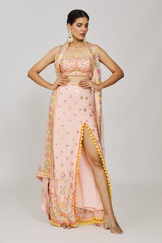 Gopi Vaid Geometric Mirror Embroidered Cape Skirt Set 
