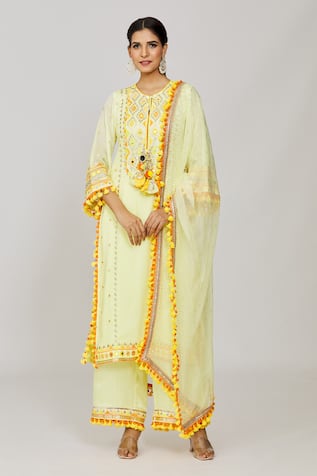 Gopi Vaid Yellow Embroidered Kurta Palazzo Set 