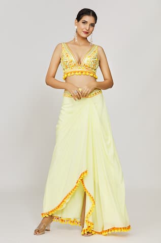 Gopi Vaid Yellow Embroidered Blouse & Draped Skirt Set 