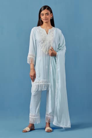 Sage Saga Aqua Crochet Applique Kurta Palazzo Set 