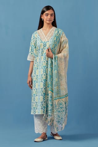 Sage Saga Floral Print Kurta Palazzo Set 