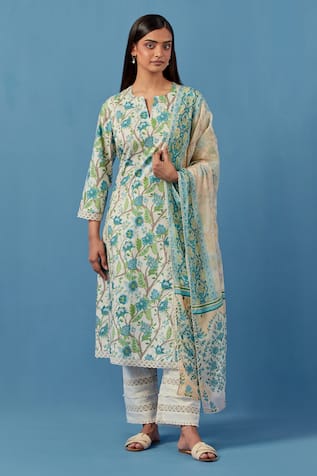 Sage Saga Floral Vine Print Kurta Palazzo Set 