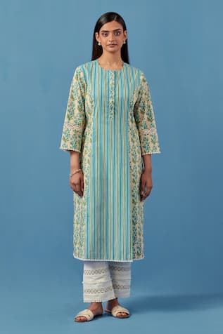Sage Saga Floral Stripe Print Kurta & Palazzo Set 