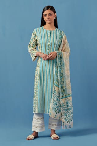 Sage Saga Floral Stripe Kurta Set with Dupatta 