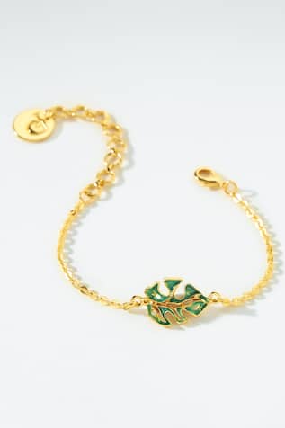 Gold Toned Green Maple Leaf Charm Bracelet 