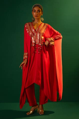 PRAHNAAYA Morrocon Hand Embroidered Kaftan & Pant Set 