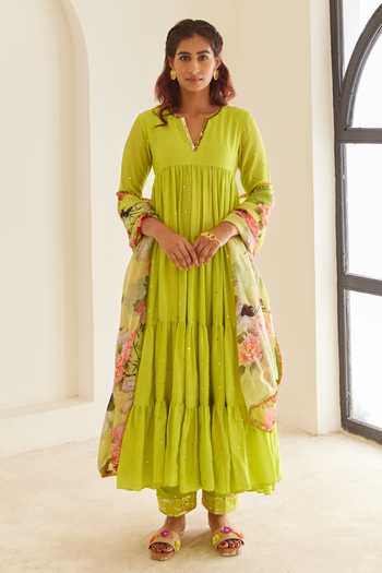 House Of Pink Sequin Embellished Tiered Anarkali Pant Set 