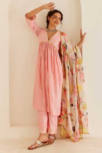 House Of Pink Embroidered Gathered Anarkali Pant Set 